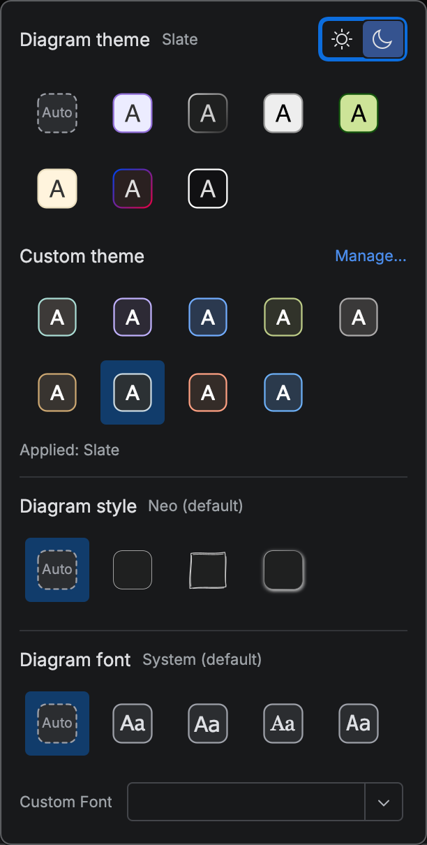 Appearance menu on a diagram with the Slate theme applied, showing the Custom theme chips, the Manage link, and the Applied: Slate row