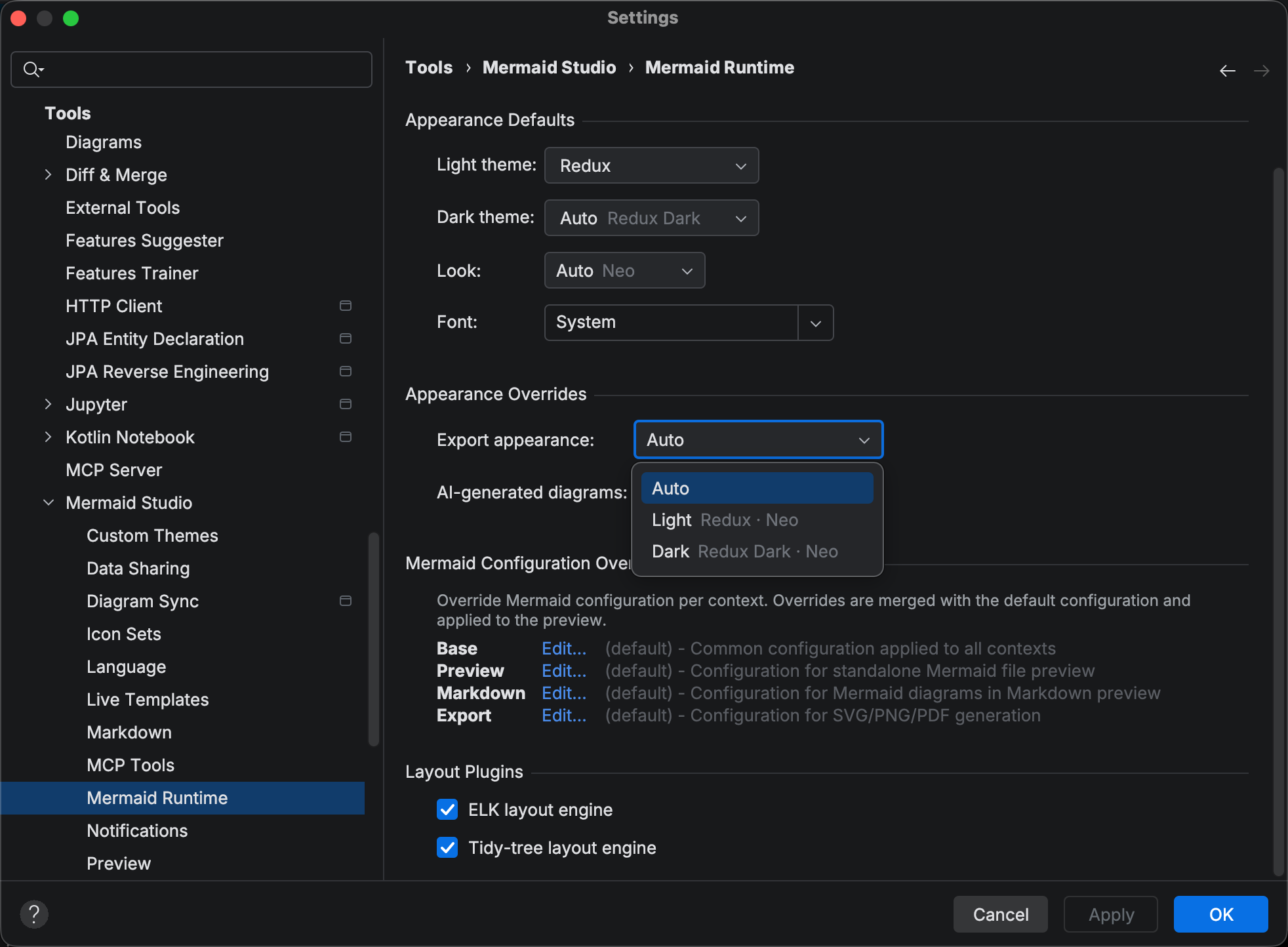 Export appearance dropdown open, listing Auto, Light with a Redux and Neo hint, and Dark with a Redux Dark and Neo hint