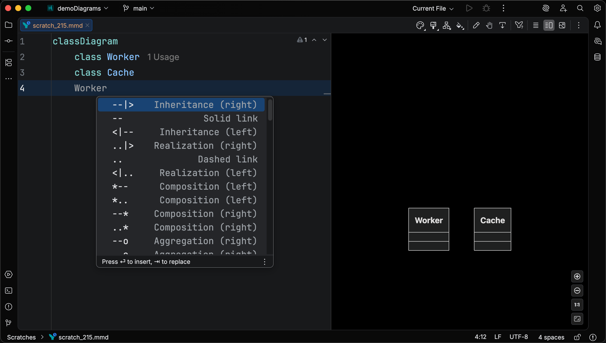 Relationship operator completion showing every bidirectional and asymmetric form