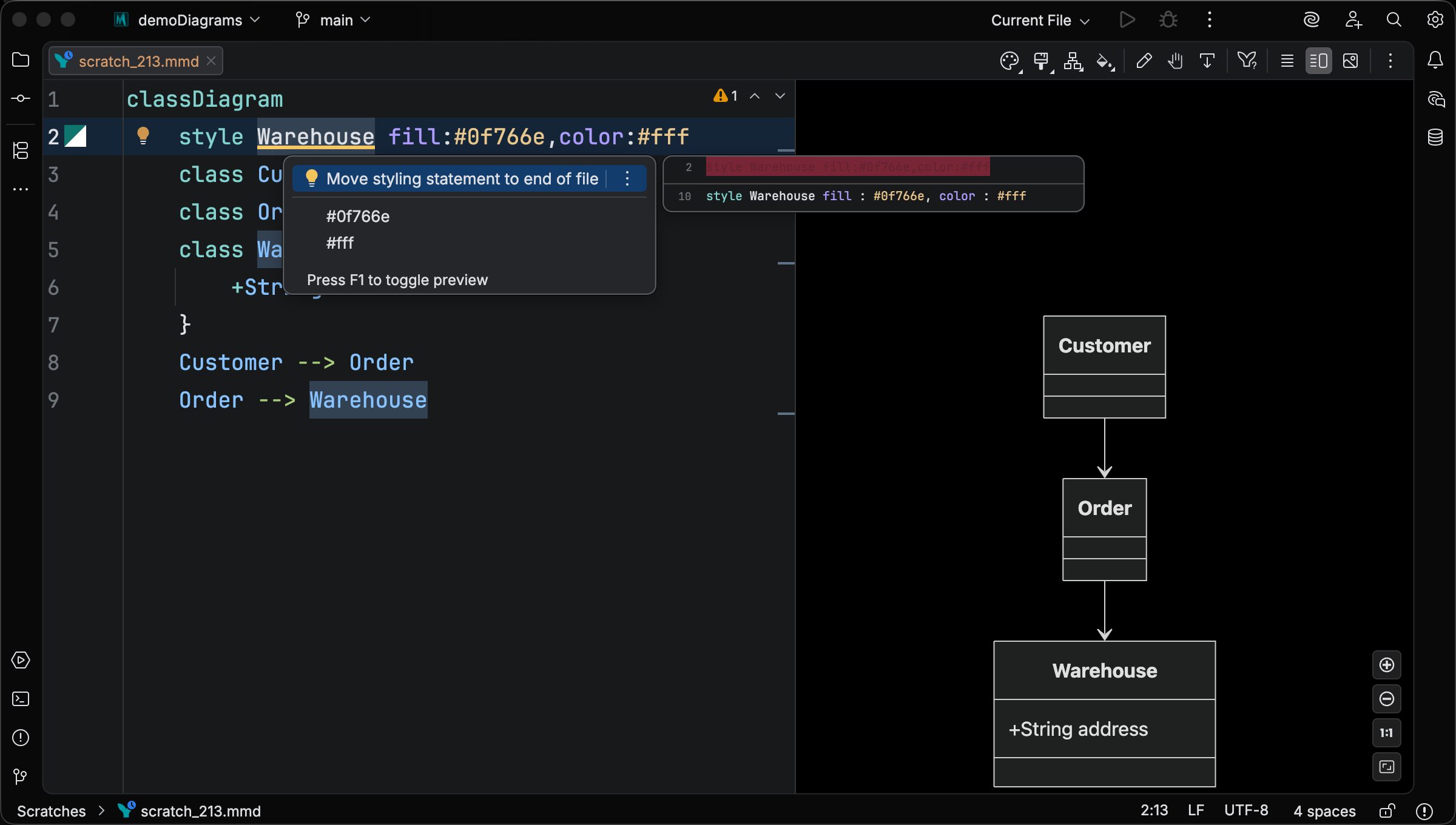 Move styling statement to end of file quick fix on a forward-referenced style statement
