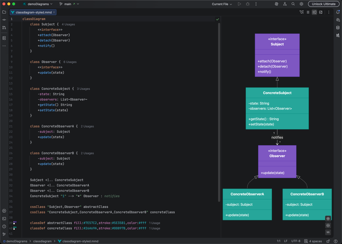 Class diagram syntax highlighting in Islands Dark theme