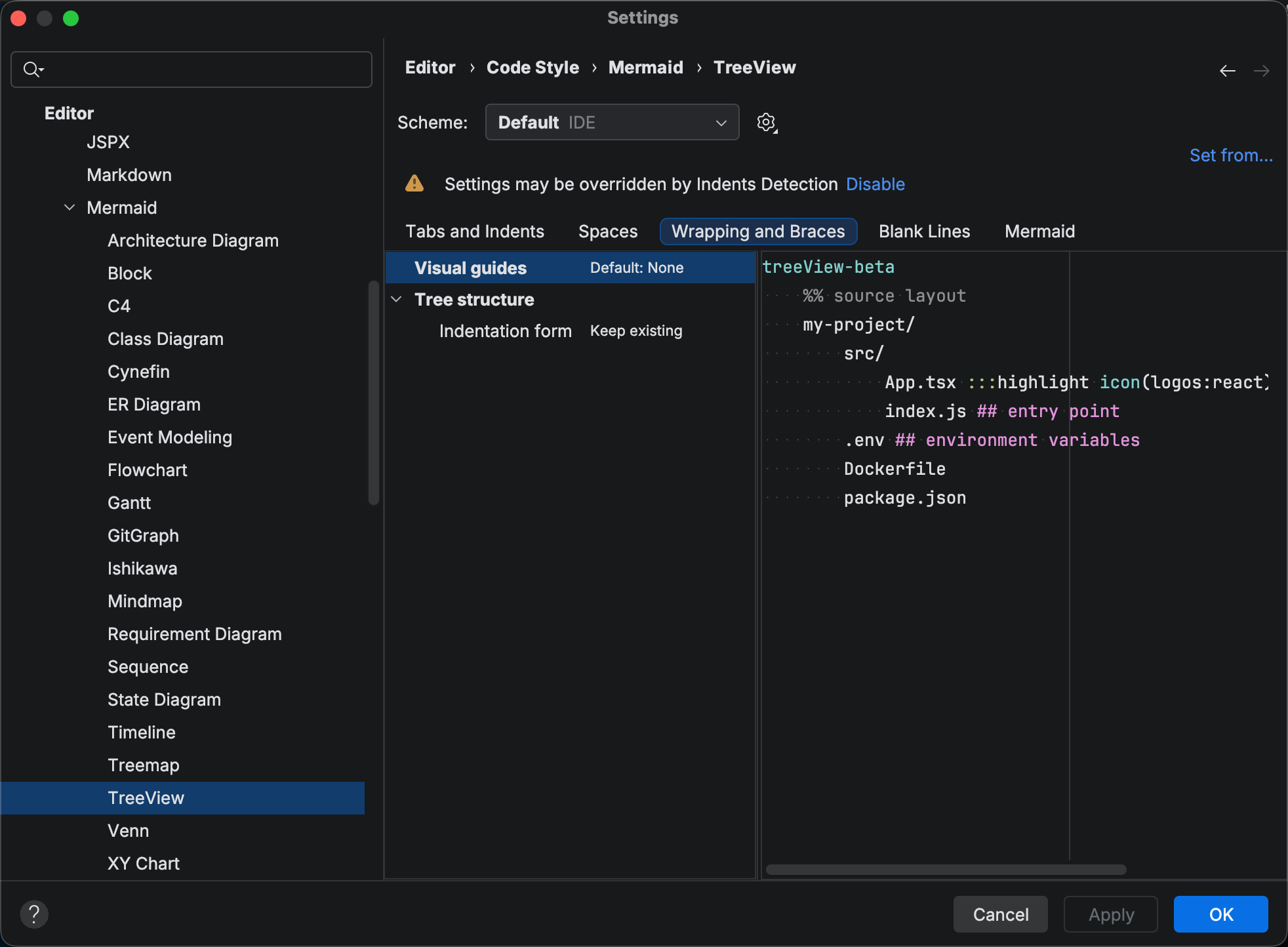 Settings dialog on Editor, Code Style, Mermaid, TreeView with the Wrapping and Braces tab selected, showing the Tree structure group with the Indentation form option set to Keep existing and a sample tree on the right