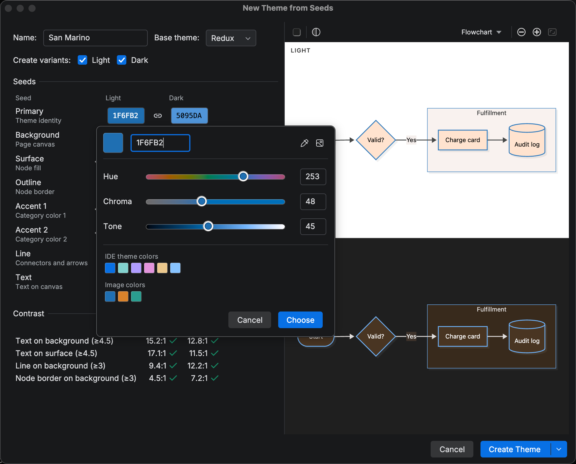HCT color picker open on the Primary seed showing Hue, Chroma, and Tone sliders, the pipette and Add Image actions, and IDE theme colors and Image colors suggestion groups