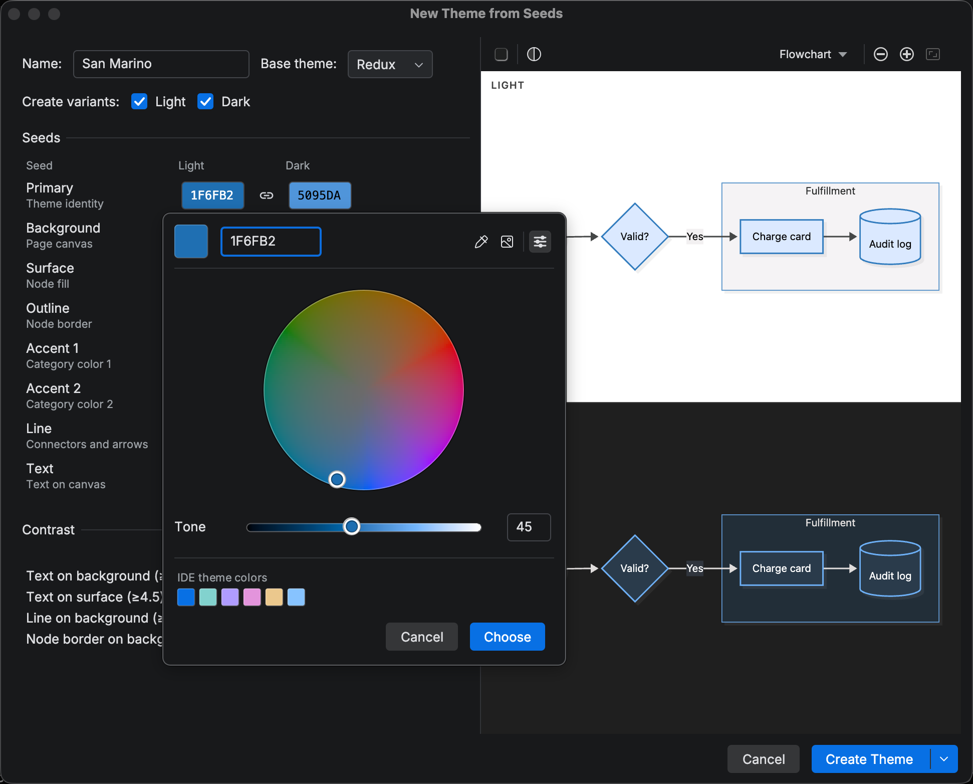 HCT color picker in Color Wheel mode over the New Theme from Seeds dialog: a hue and chroma disc with the current color marked, the Tone slider below it, and the Sliders toggle in the header