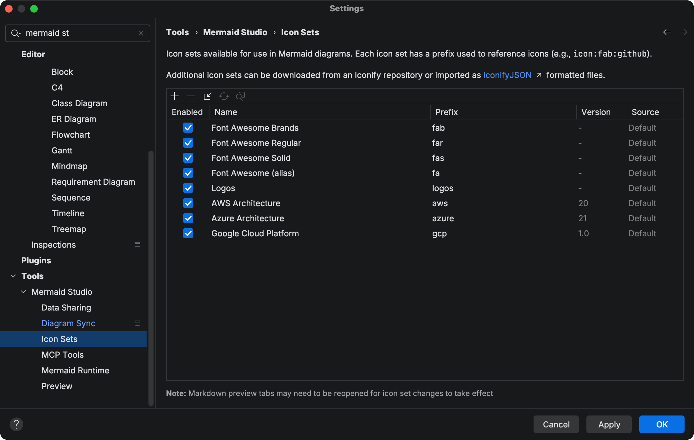 Icon Sets settings panel listing bundled sets with prefixes and versions