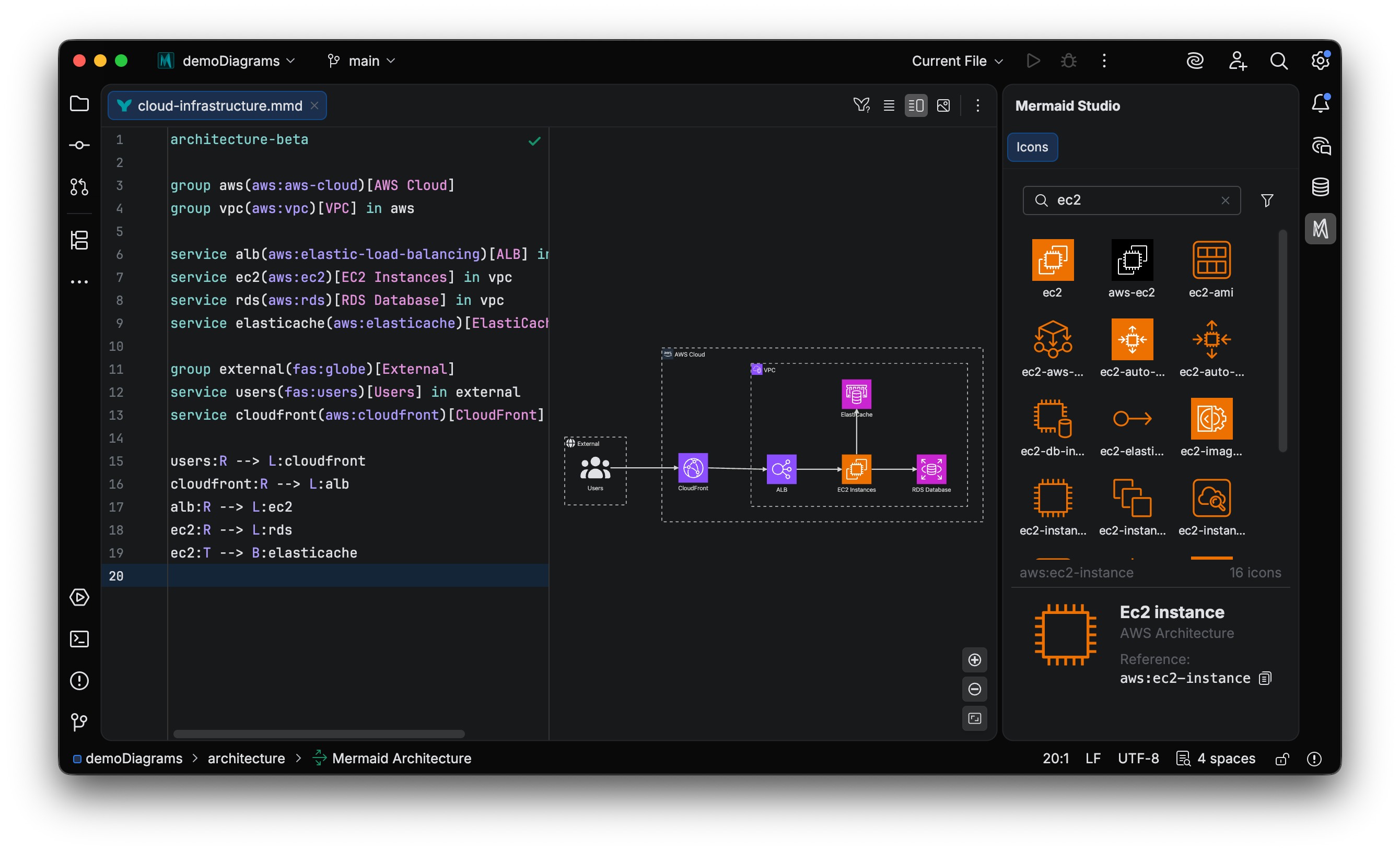 Searchable visual icon picker docked alongside a diagram