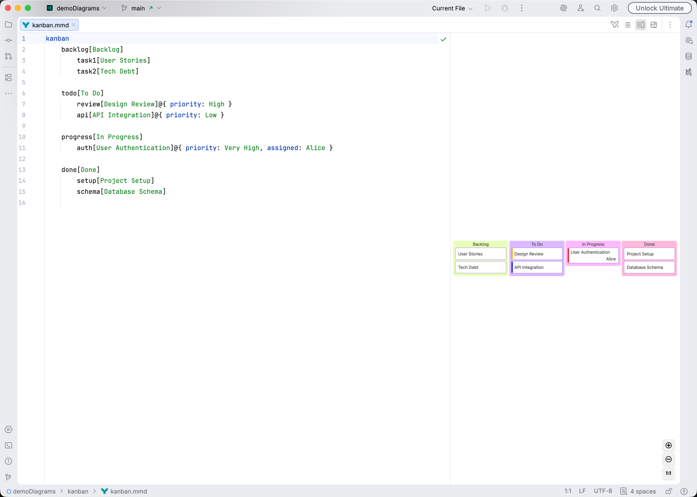 Kanban board syntax highlighting in Islands Light theme