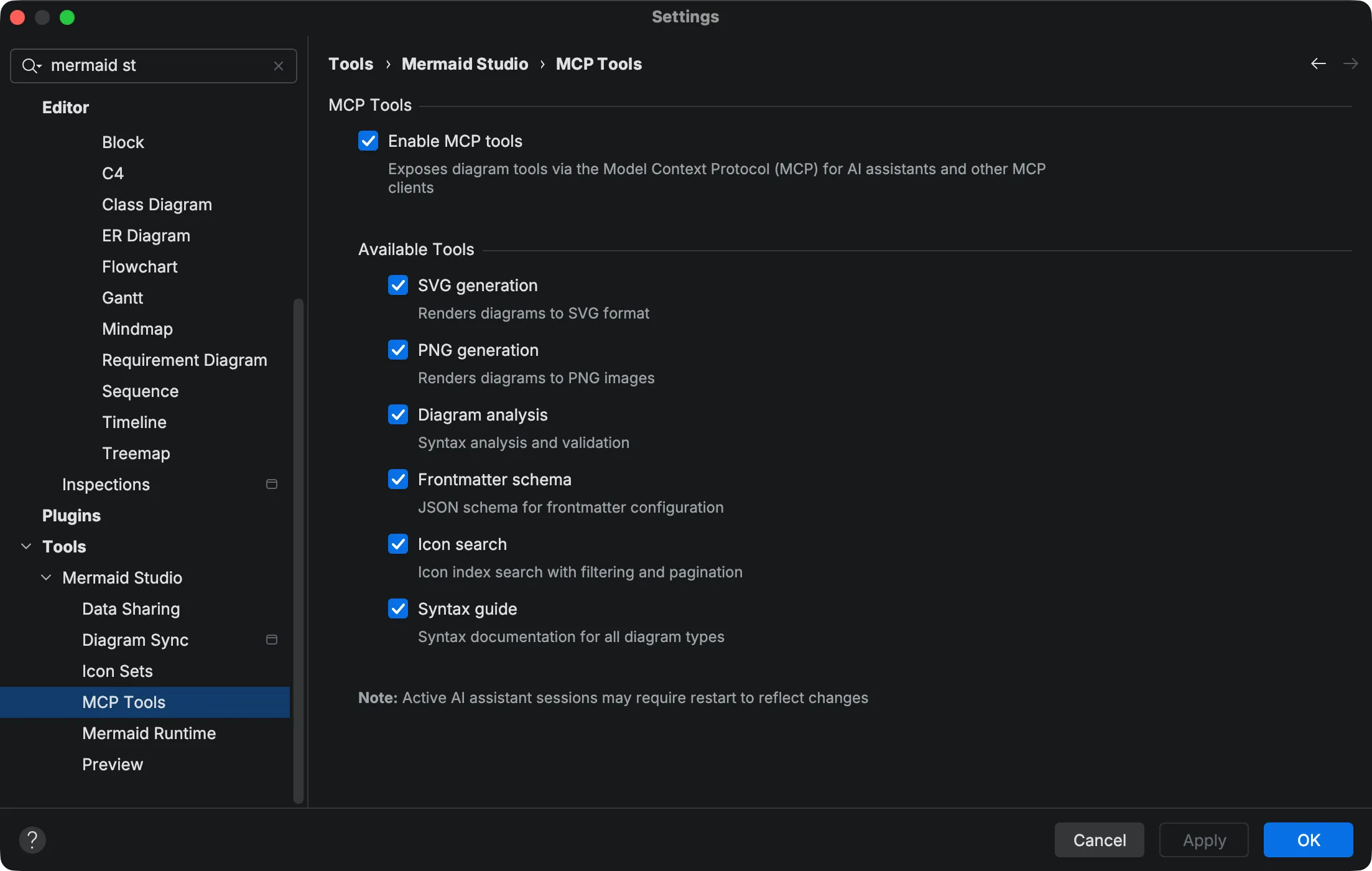 MCP Tools settings panel