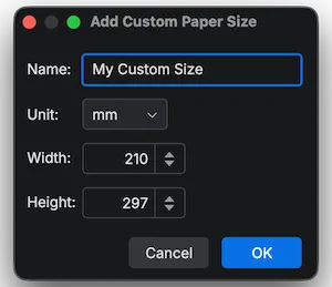 Add custom size dialog