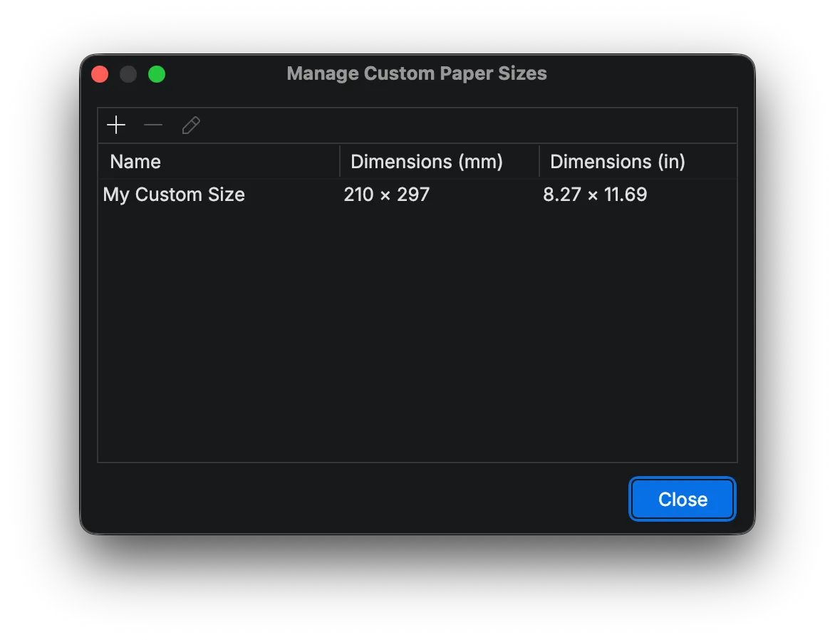 Custom sizes dialog