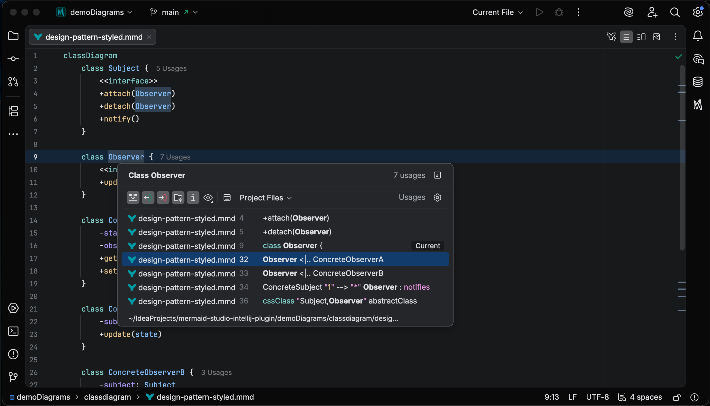 Find Usages panel listing occurrences of a diagram element