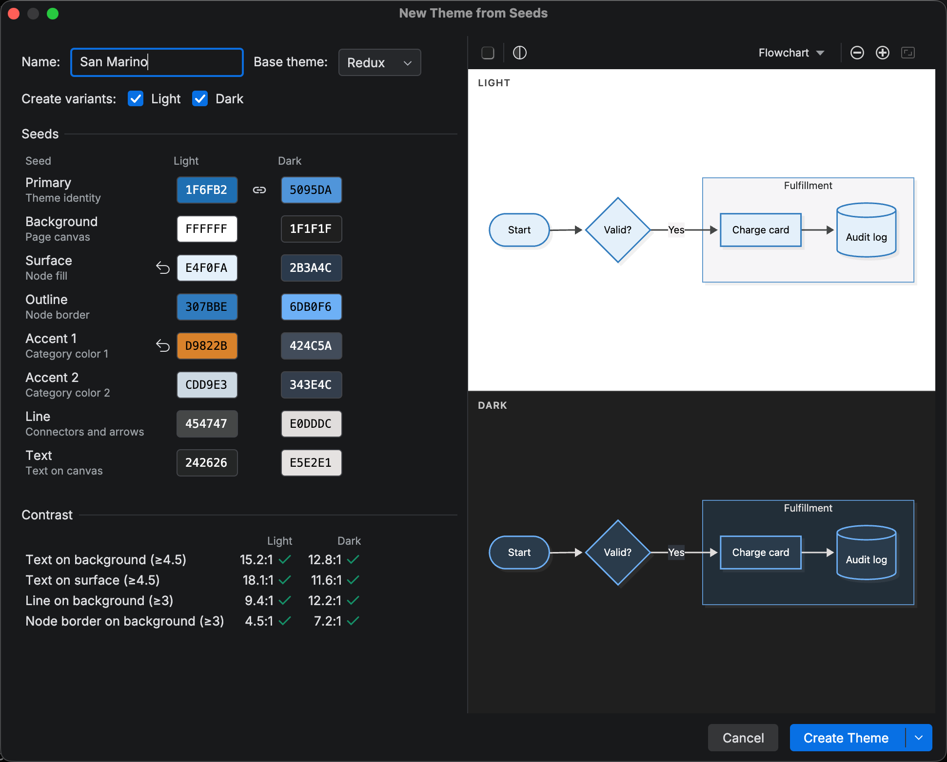 New Theme from Seeds dialog with explicit Primary, Surface, and Accent 1 seeds, the Contrast box, a stacked light and dark preview, and the split Create Theme button
