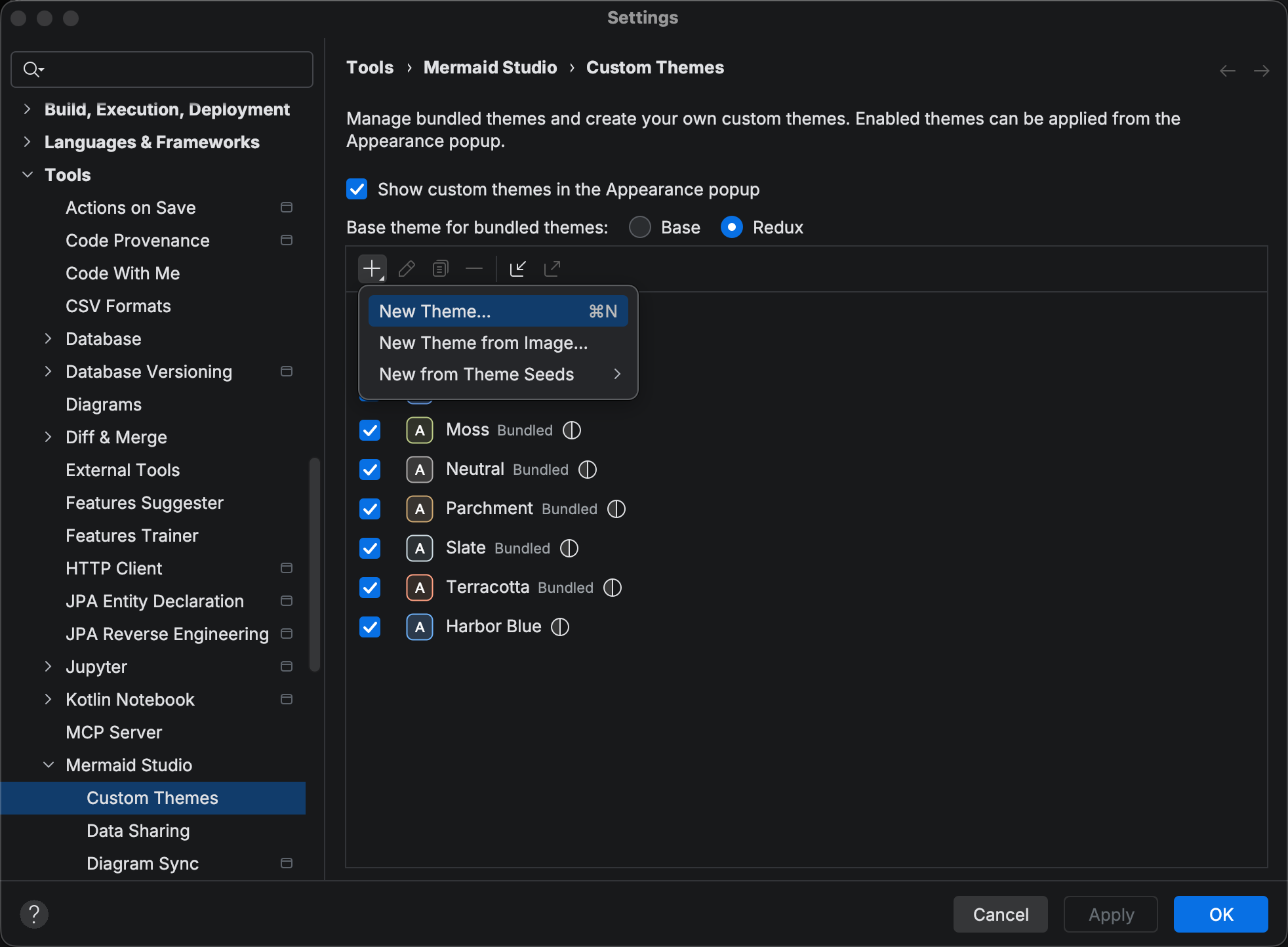 Custom Themes settings page with the Add dropdown open, listing New Theme, New Theme from Image, and New from Theme Seeds above the bundled and custom theme rows