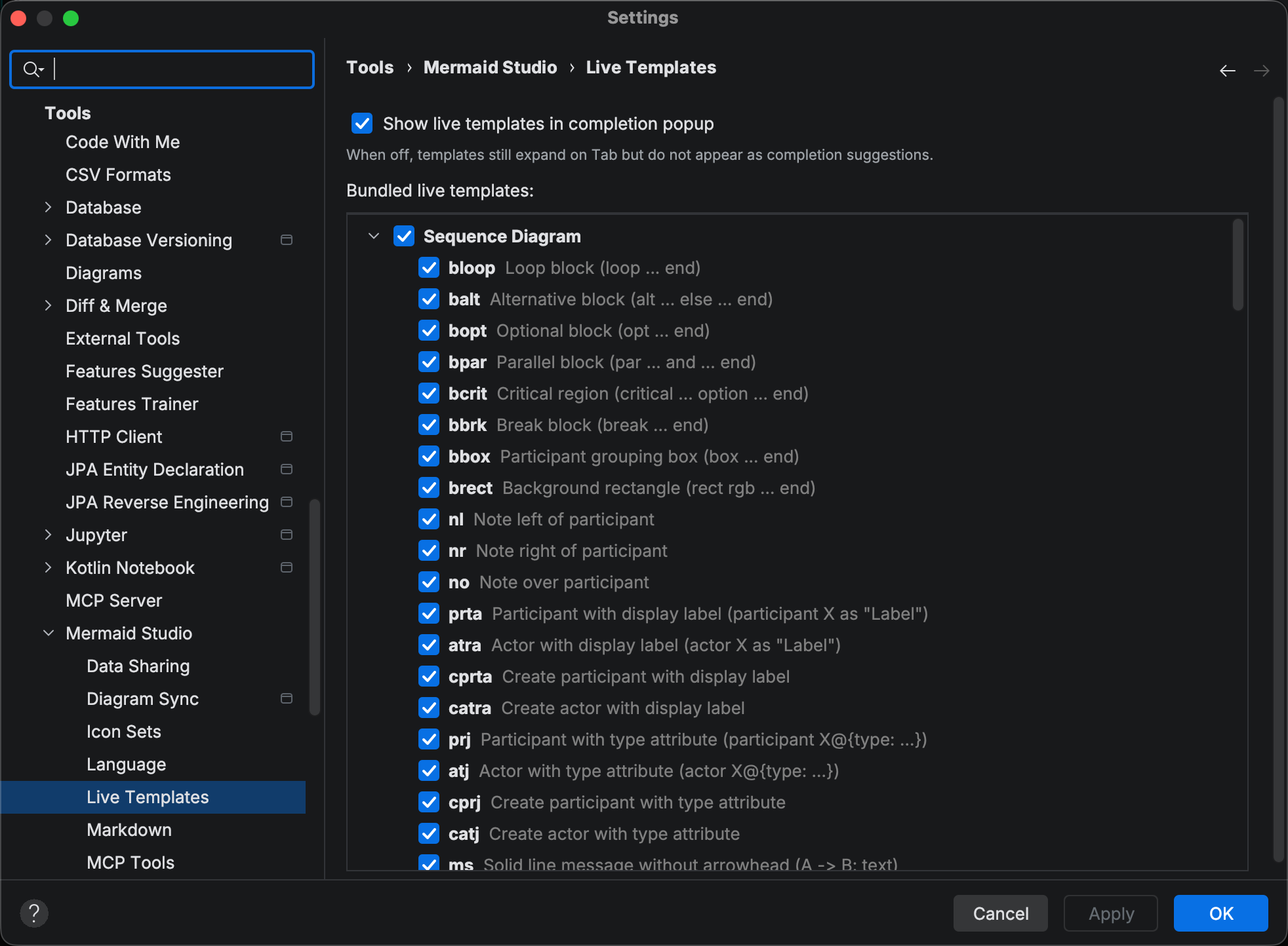 Settings > Tools > Mermaid Studio > Live Templates showing the bundled-template checkbox tree with diagram groups (Sequence, Class, State, Requirement, ER, C4, Kanban) and the Show live templates in completion popup toggle above the tree