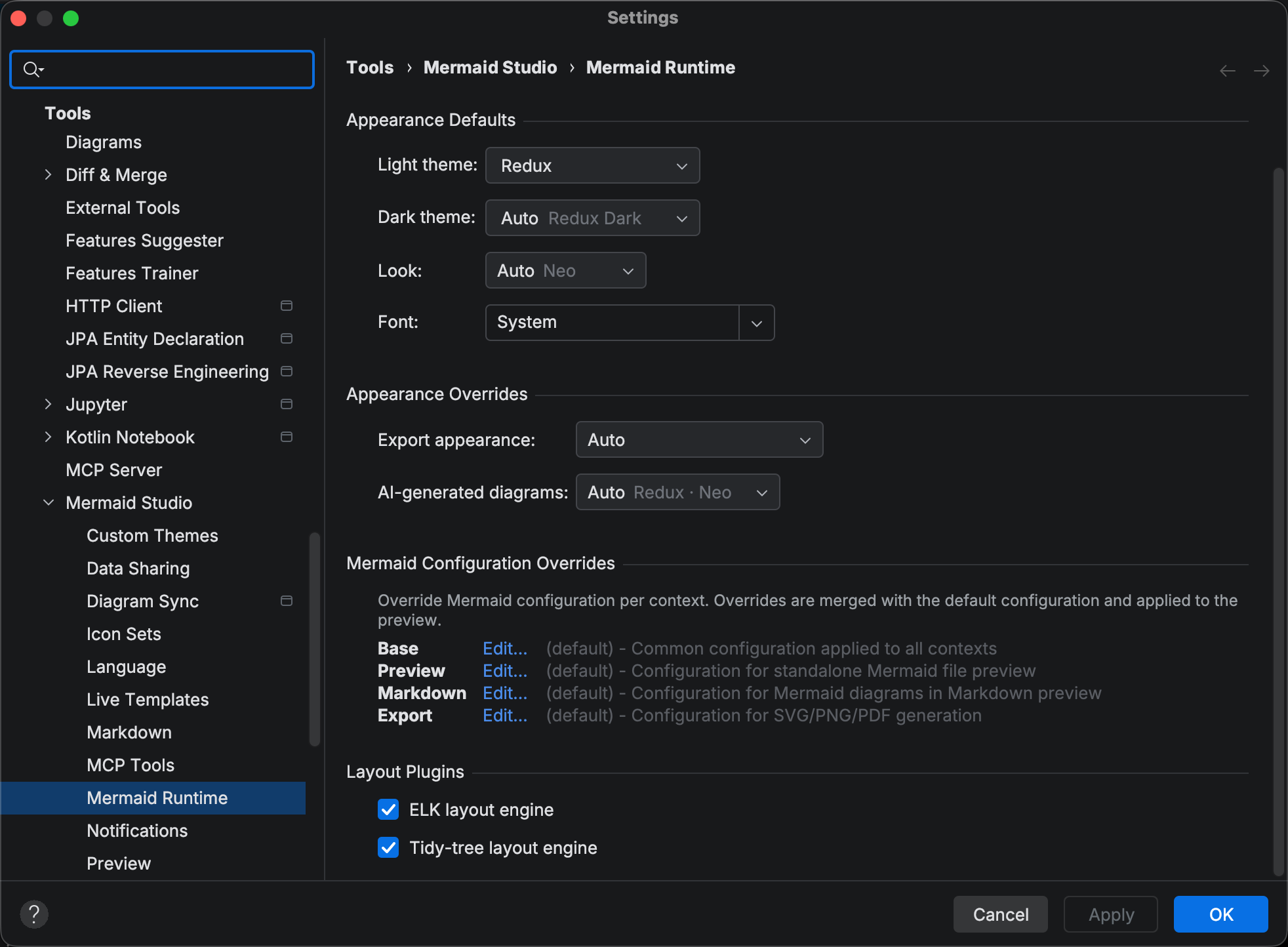 Mermaid Runtime settings page showing the Appearance Defaults, Appearance Overrides, Mermaid Configuration Overrides, and Layout Plugins groups