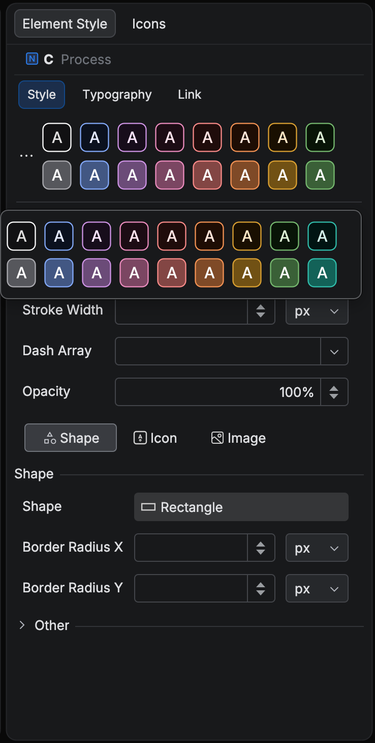 Style tab showing the two derived tone rows and the All Presets popup open on a Slate-themed flowchart
