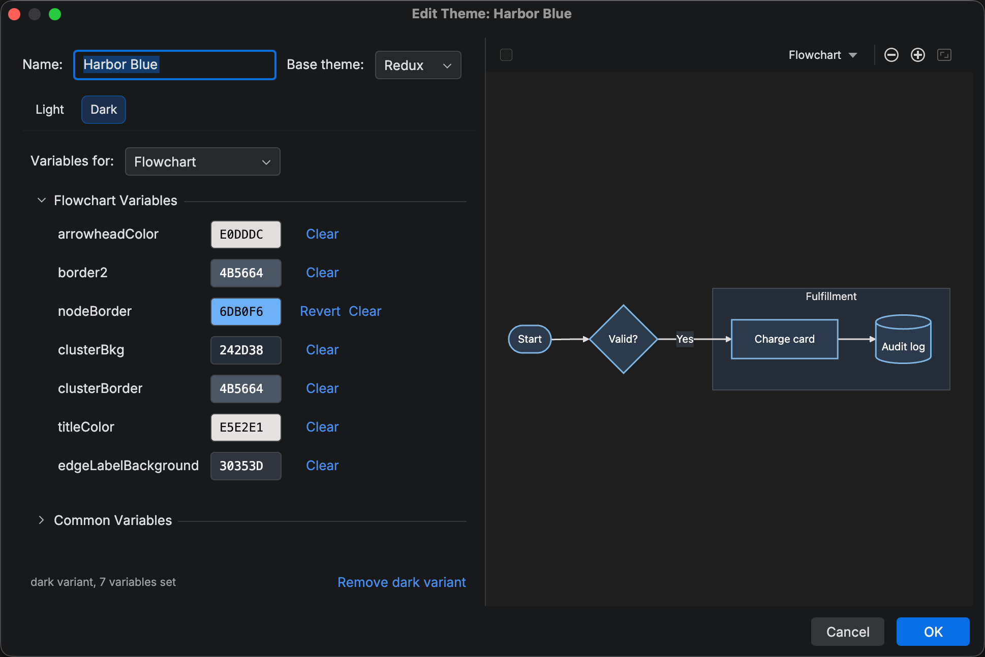 Edit Theme dialog on the Dark tab with Variables for set to Flowchart, one edited row showing Revert, and the live preview on the right